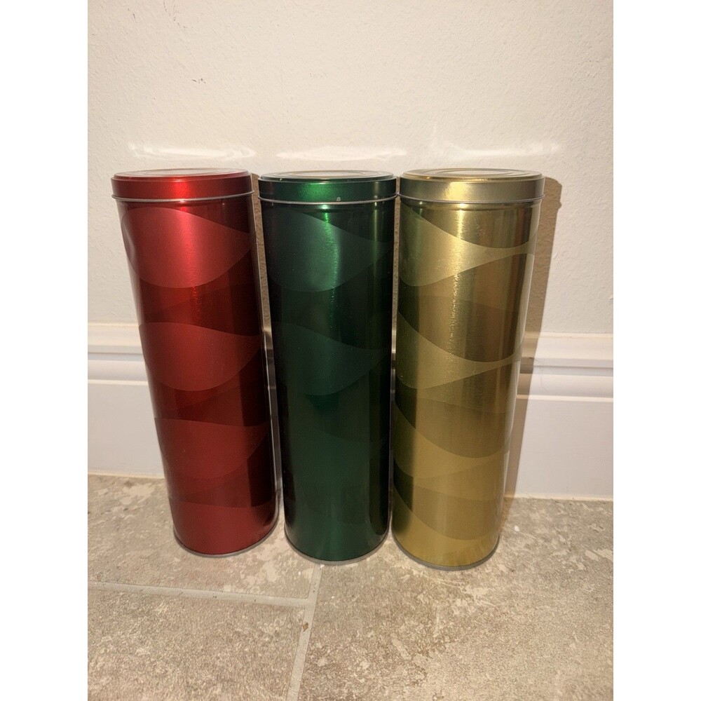 Set Of 3 Cookie Tins Container Red Green Gold 10” X 3” Storage Kitchen